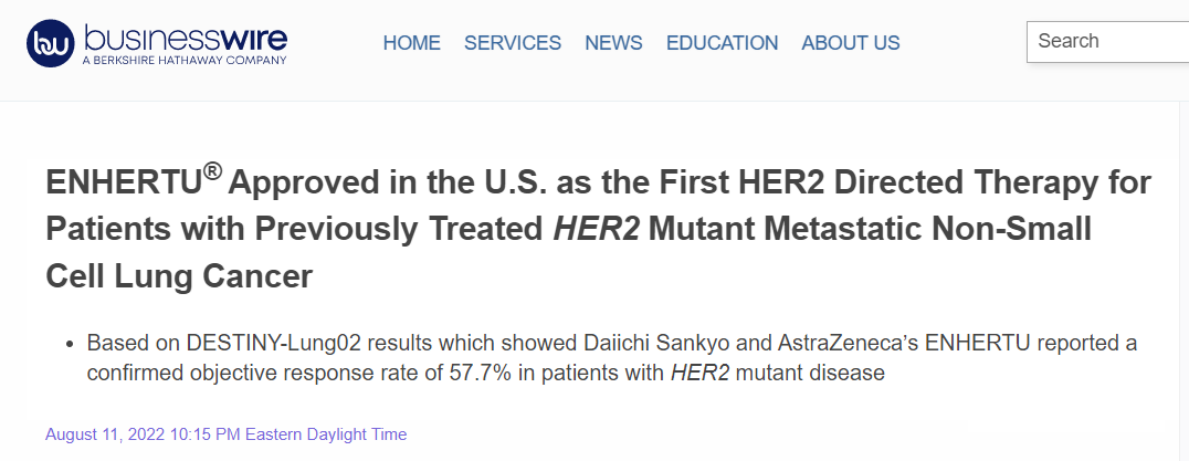 重磅!全球首款HER2阳性肺癌新药Enhertu火热上市!客观缓解率高达58%!