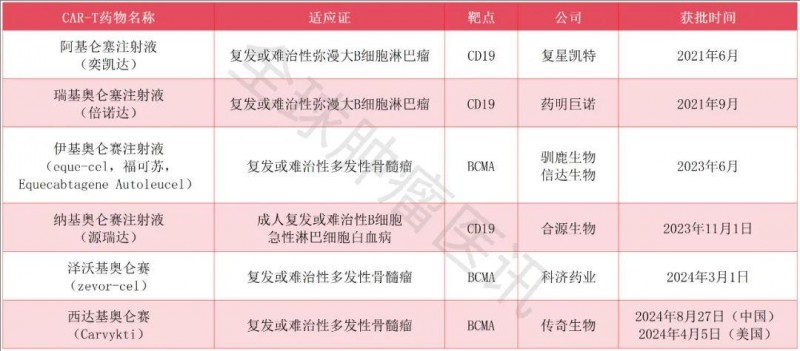 中国已获批上市的CAR-T产品