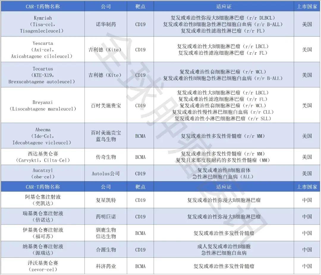 中美两国获批上市的CART细胞疗法